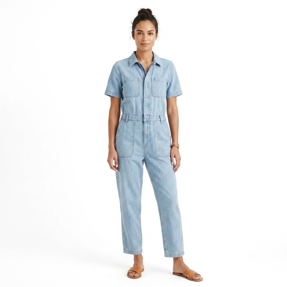 Everlane Organic Cotton Denim Short Sleeve Jumpsuit Light Wash Blue Utility 10
